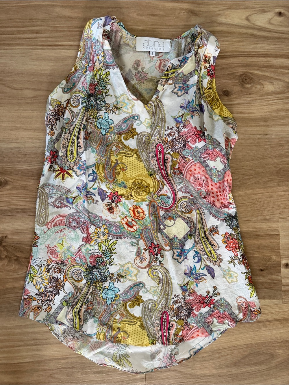 TNA Paisley Print V-Neck Sleeveless Top — Pink, Yellow, Blue, Green